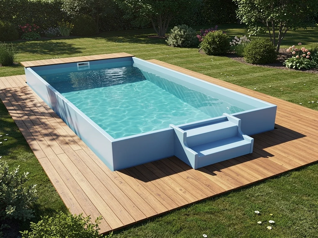 Coque 6x3 mètres à fond plat avec escalier d'angle et terrasse en bois