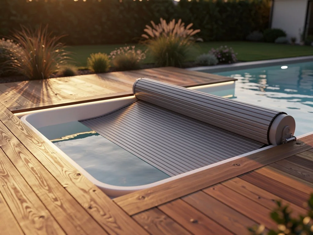 Piscine coque semi-enterrée adossée à une terrasse avec volet roulant immergé